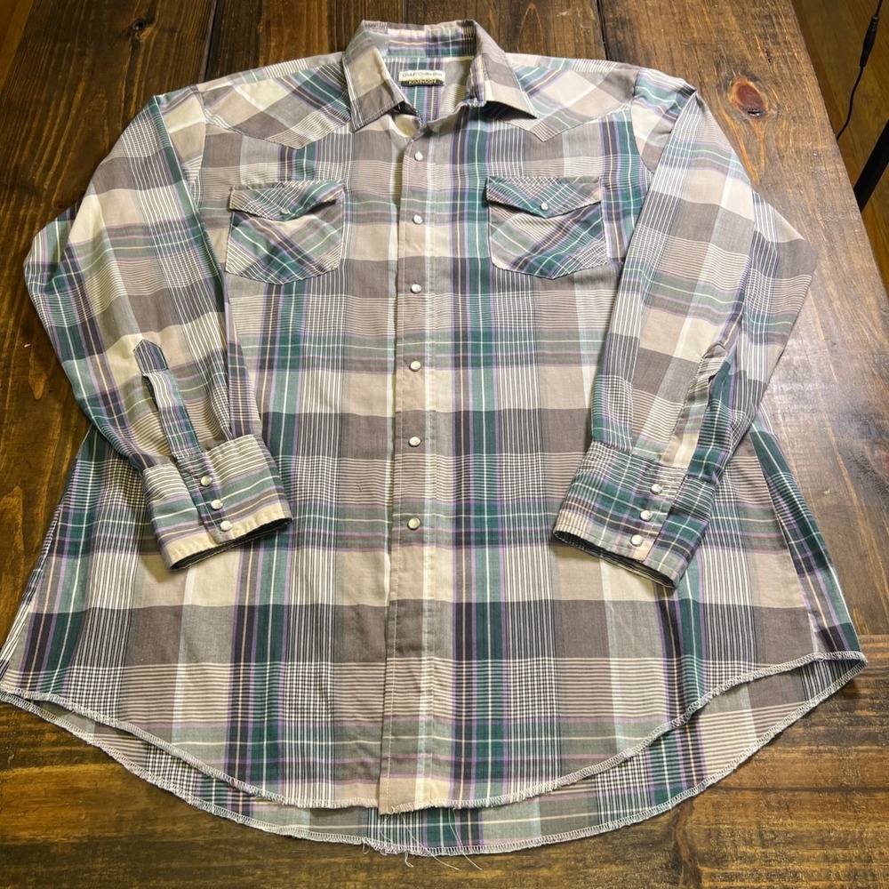 Karman Gold Collection Mens Vintage Western Pearl Snap Plaid Shirt Green Purple